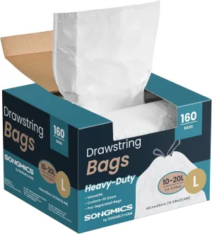 SONGMICS Trash Bags, 5.3-Gallon Heavy-Duty Garbage Bags with Drawstrings, 160 Count, Liner Code L, Quick-Dispense Box, Cream White UKRB021A04
