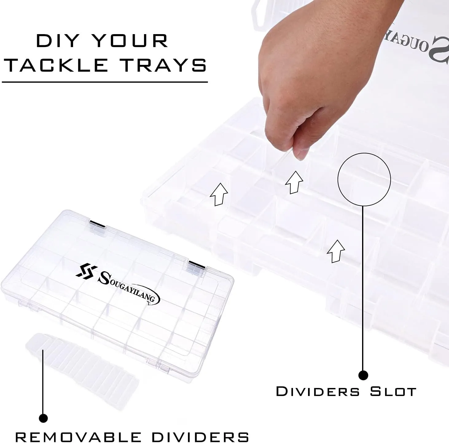 Sougayilang Fishing Tackle Boxes - 3600 3700 Plastic Storage Organizer Box with Removable Dividers - Fishing Tackle Storage - 4 Packs Transparent Tackle Trays