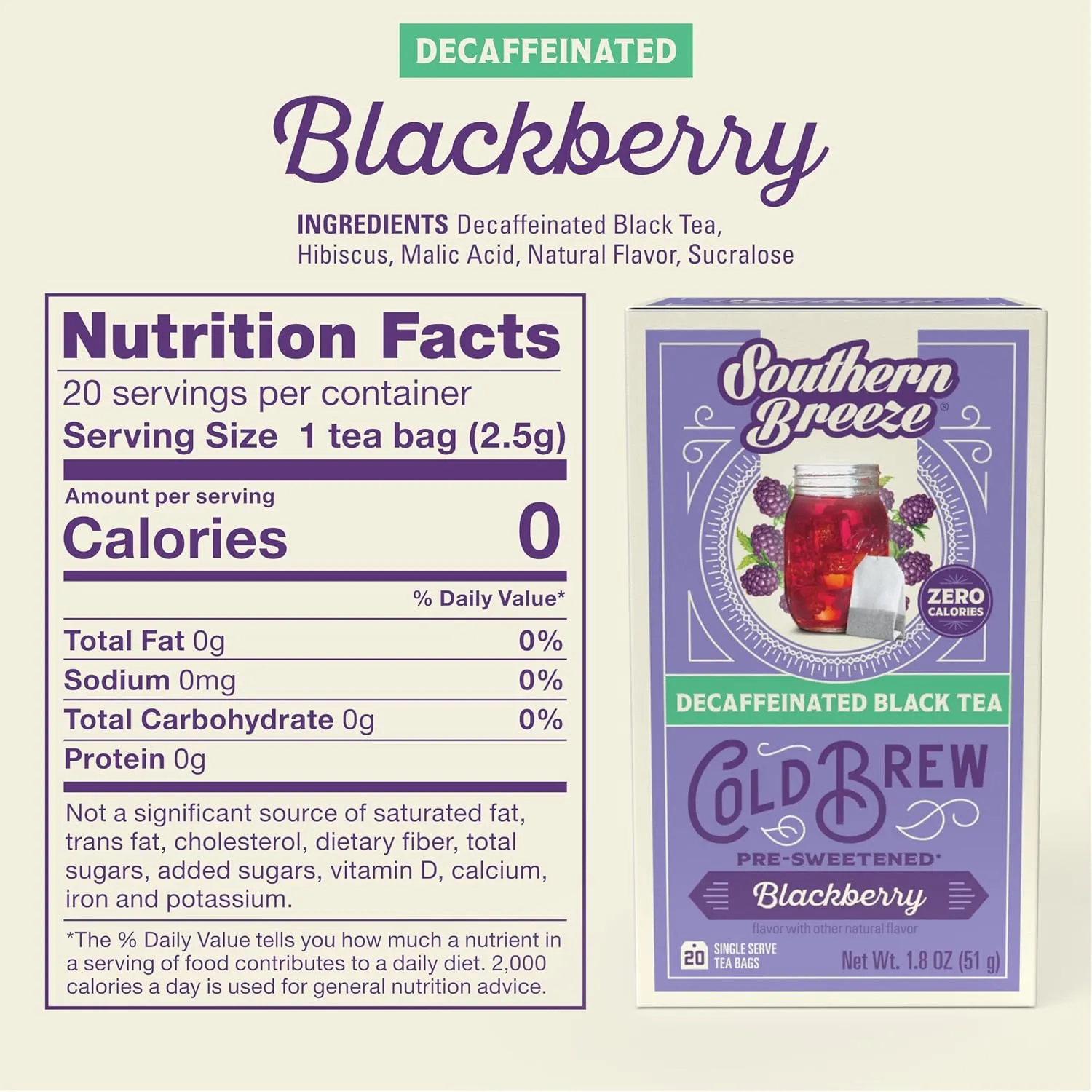 Southern Breeze Cold Brew Sweet Tea Blackberry Iced Tea with Black Tea and Zero Carbs Zero Sugar, 20 Individually Wrapped Tea (Pack of 2) Southern Sweet Tea Iced Tea Beverage