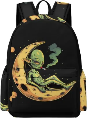 Space Weed Smoking Moon Alien Laptop Backpack for Women Men Cute Shoulder Bag Printed Daypack for Travel Sports Work, 42x30x15cm