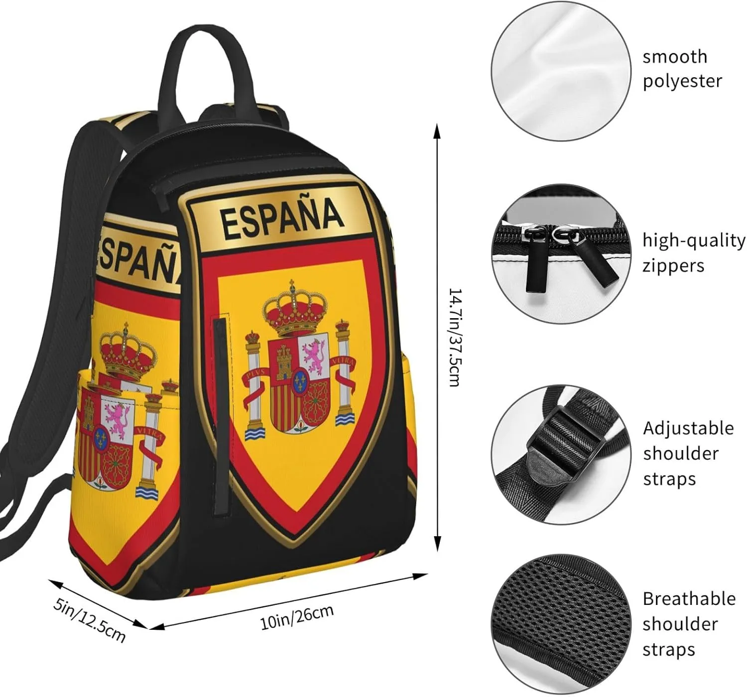Spain Spanish Espana Flags Casual Laptop Backpack Travel Rucksack Sports Daypack Adjustable Strap Bags with Multi-Pockets for Working Running Camping