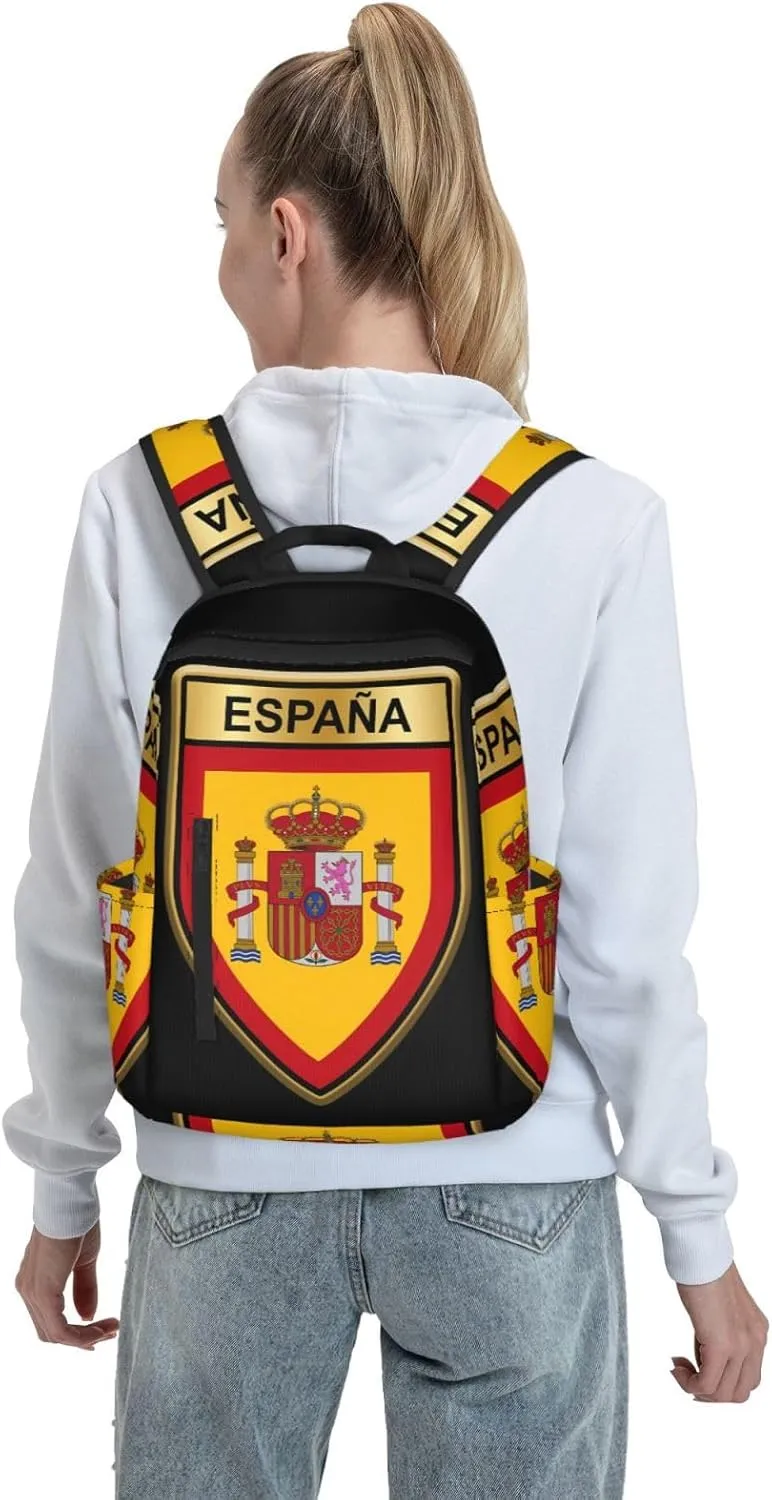 Spain Spanish Espana Flags Casual Laptop Backpack Travel Rucksack Sports Daypack Adjustable Strap Bags with Multi-Pockets for Working Running Camping