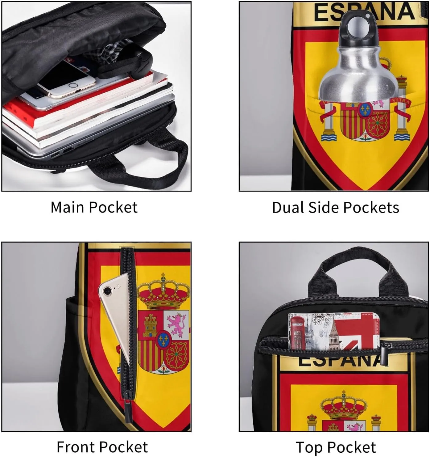 Spain Spanish Espana Flags Casual Laptop Backpack Travel Rucksack Sports Daypack Adjustable Strap Bags with Multi-Pockets for Working Running Camping