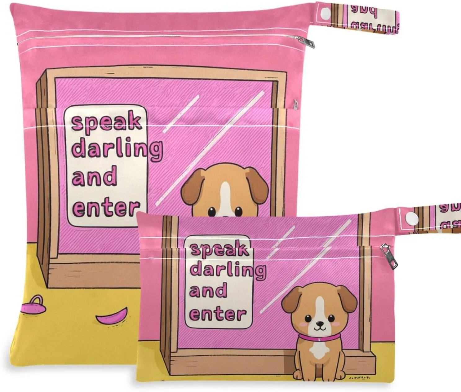 Speak Darling and Enter Cartoon Cute Funny Brown Dog reusable wet bag baby 2 Pack diaper bag essential items with handles for travel, pool