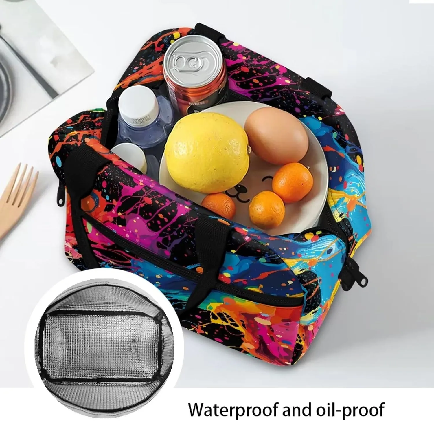 Splash Ink Design Cooler Prep Meal Bag for Men Waterproof Keep Warm Insulated Bags for Women Hand Carry Removable Strap Satchel for Business Office Outdoor