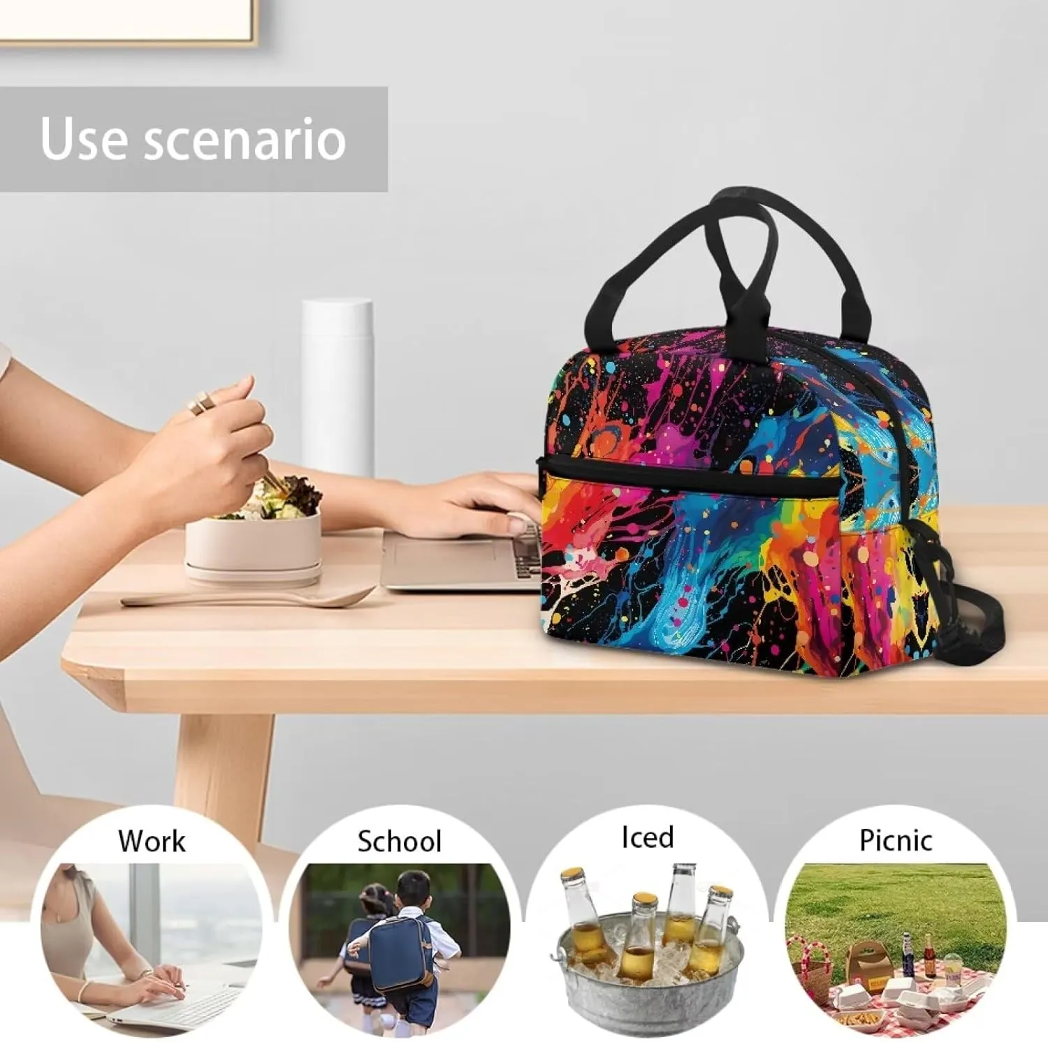 Splash Ink Design Cooler Prep Meal Bag for Men Waterproof Keep Warm Insulated Bags for Women Hand Carry Removable Strap Satchel for Business Office Outdoor