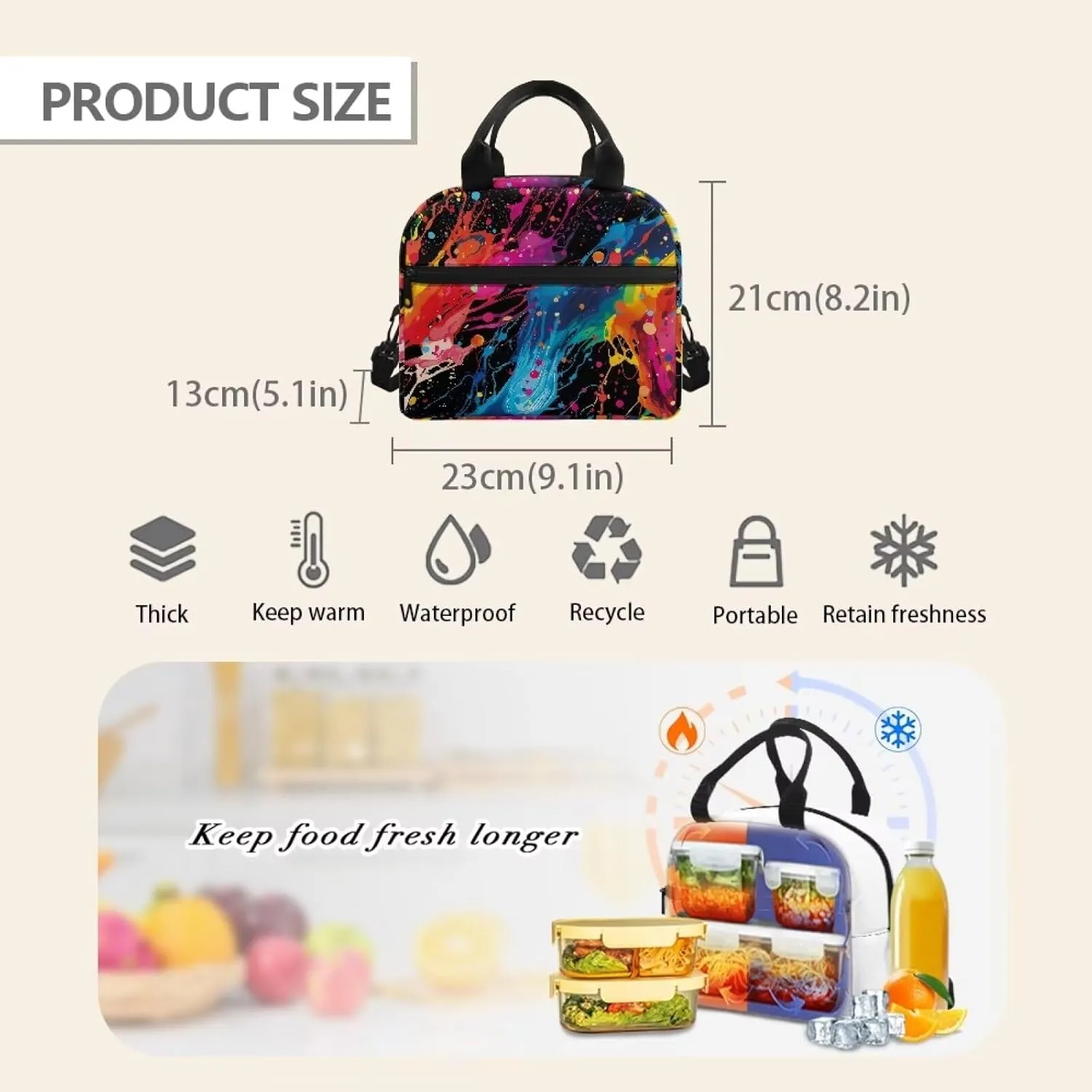 Splash Ink Design Cooler Prep Meal Bag for Men Waterproof Keep Warm Insulated Bags for Women Hand Carry Removable Strap Satchel for Business Office Outdoor