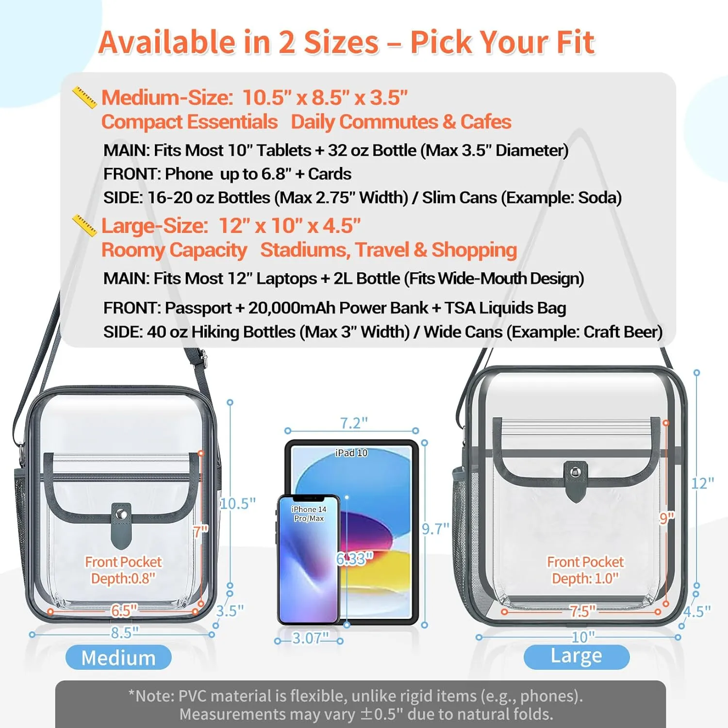 SPODEARS Clear Crossbody Bag for Stadium Events & Concerts - Adjustable Shoulder Strap Purse with 1 Bottle Holder