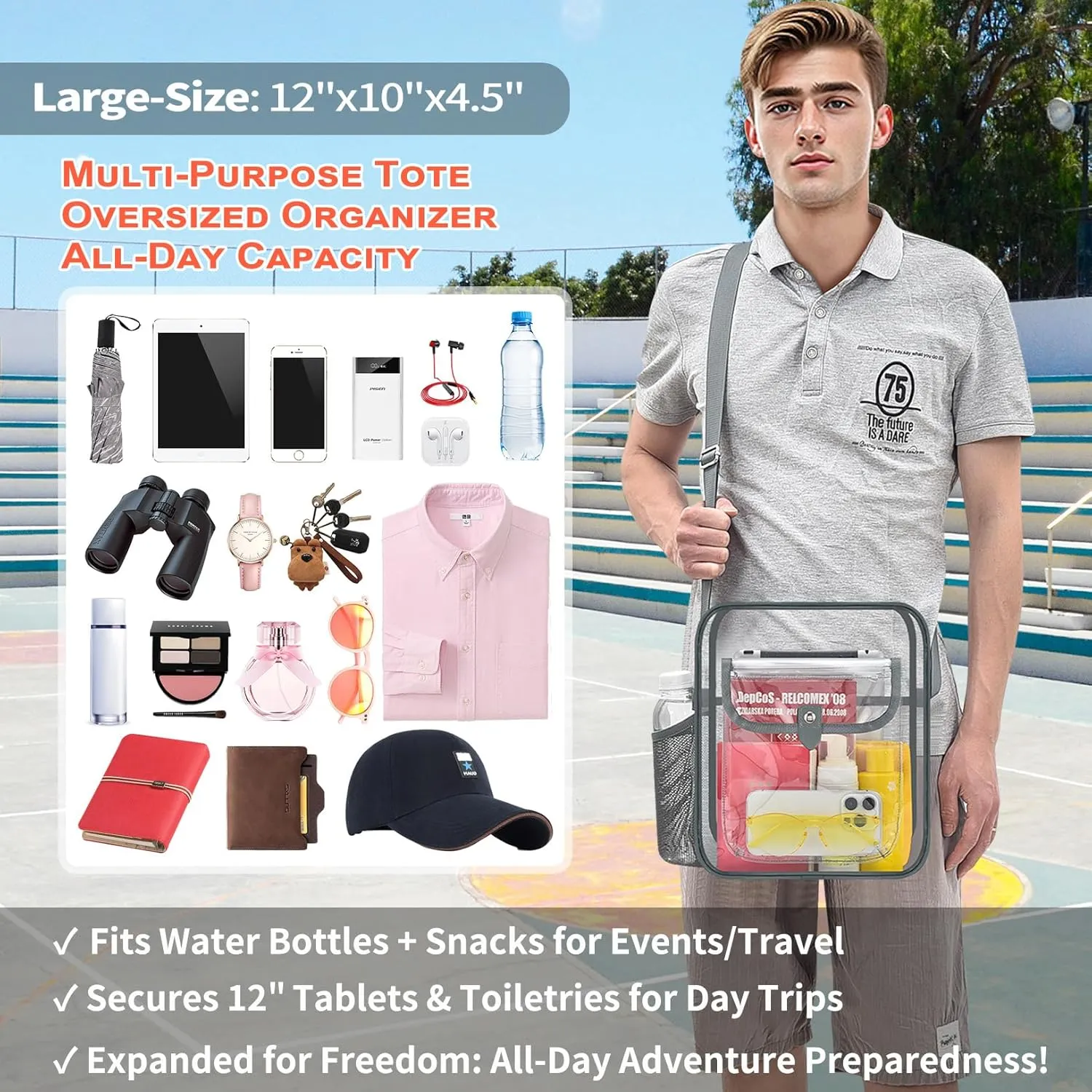 SPODEARS Clear Crossbody Bag for Stadium Events & Concerts - Adjustable Shoulder Strap Purse with 1 Bottle Holder