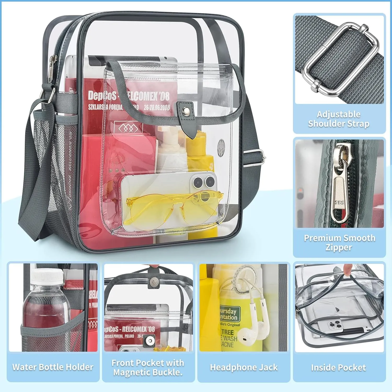 SPODEARS Clear Crossbody Bag for Stadium Events & Concerts - Adjustable Shoulder Strap Purse with 1 Bottle Holder