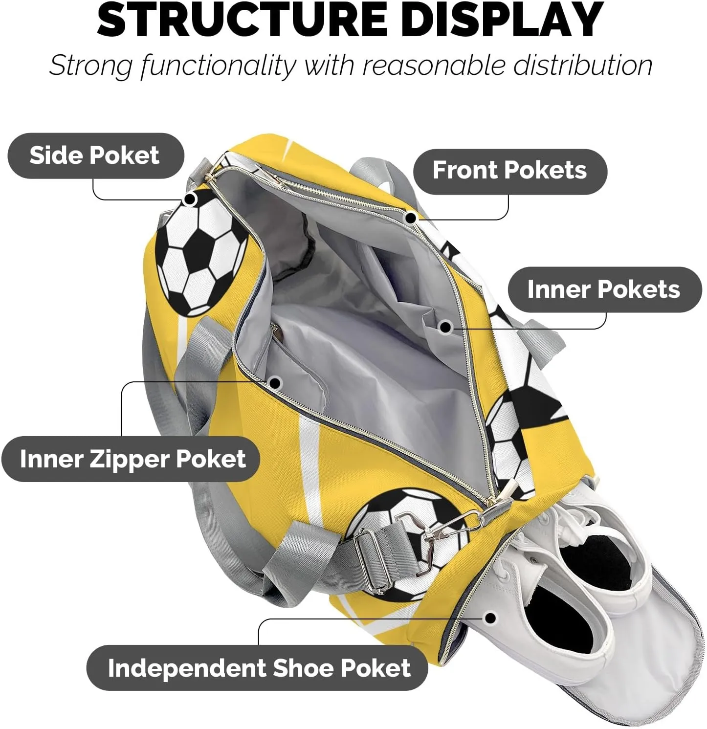 Sport Soccer Player Number Team Yellow Personalized Duffel Bag Custom Women Men Multi-Function Travel Bag Gym Sports Bag Gymnastic Yoga Bag Carry On Overnight Weekend Duffel Bags