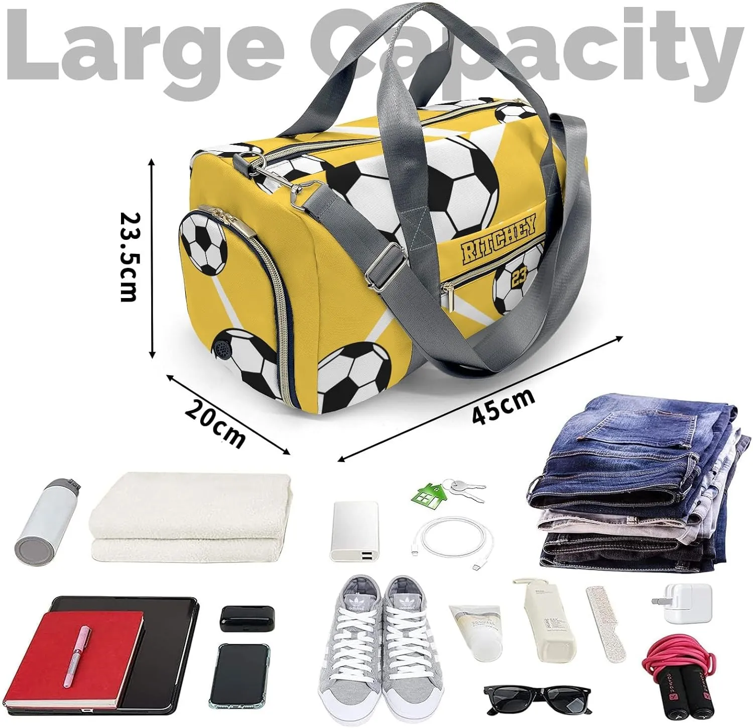 Sport Soccer Player Number Team Yellow Personalized Duffel Bag Custom Women Men Multi-Function Travel Bag Gym Sports Bag Gymnastic Yoga Bag Carry On Overnight Weekend Duffel Bags