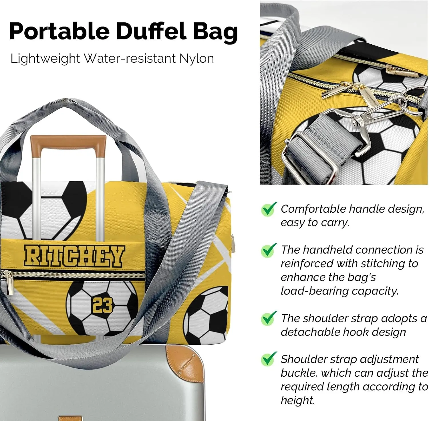Sport Soccer Player Number Team Yellow Personalized Duffel Bag Custom Women Men Multi-Function Travel Bag Gym Sports Bag Gymnastic Yoga Bag Carry On Overnight Weekend Duffel Bags