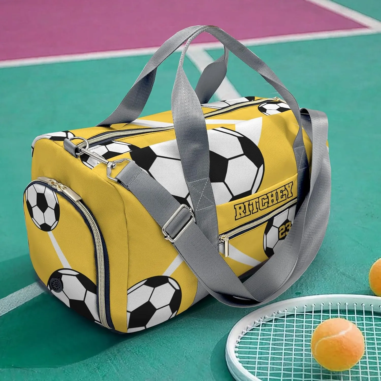 Sport Soccer Player Number Team Yellow Personalized Duffel Bag Custom Women Men Multi-Function Travel Bag Gym Sports Bag Gymnastic Yoga Bag Carry On Overnight Weekend Duffel Bags