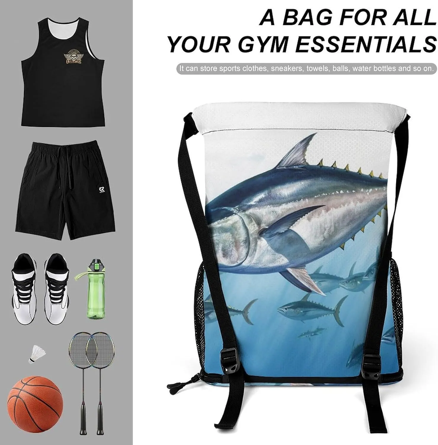 Sports Drawstring Backpack Lightweight Small Gym Bag Bluefin Tuna Thunnus Gym Sackpack for Women Men