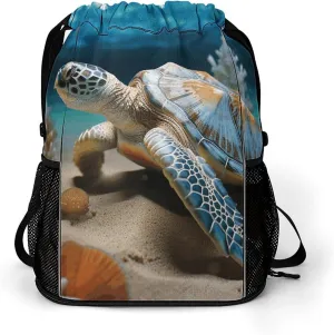 Sports Drawstring Backpack Lightweight Small Gym Bag Sea Conch Shell Starfish Turtle Gym Sackpack for Women Men