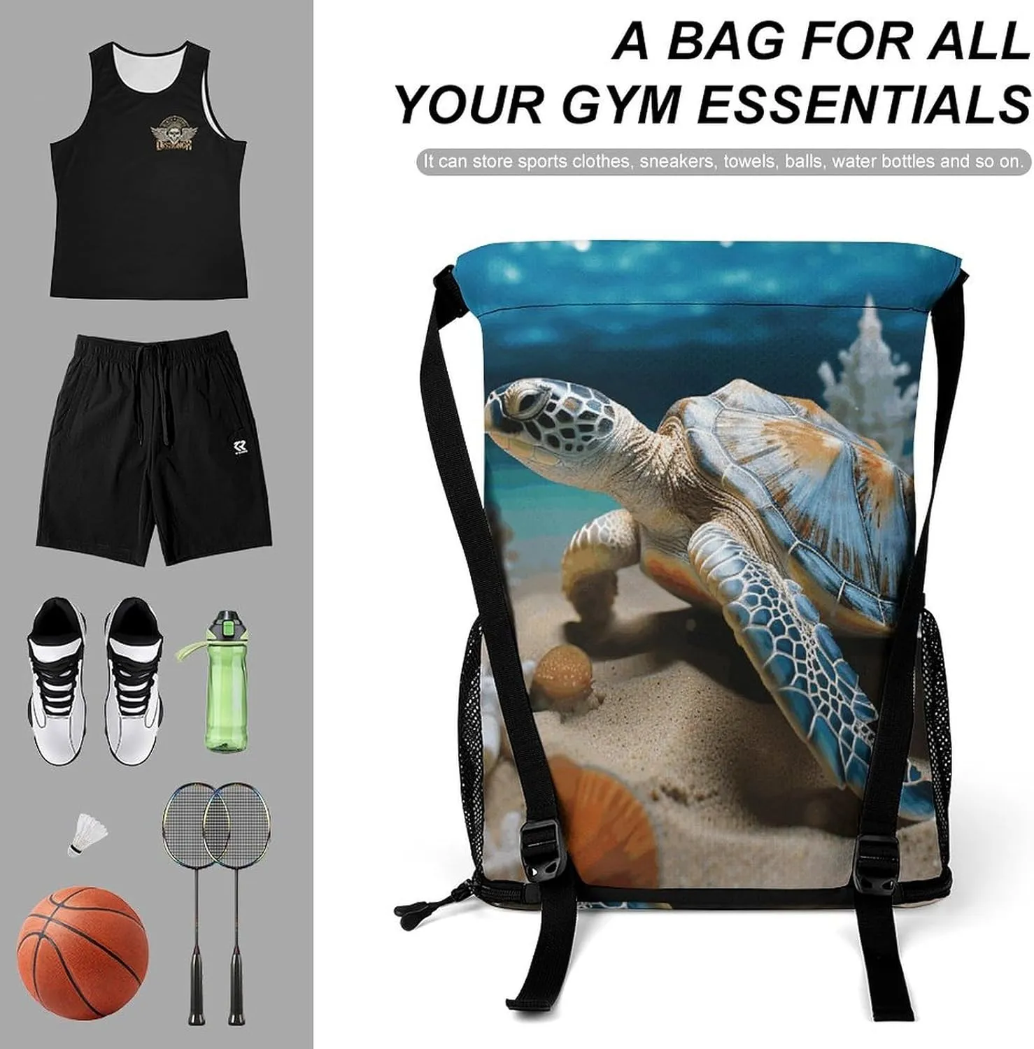 Sports Drawstring Backpack Lightweight Small Gym Bag Sea Conch Shell Starfish Turtle Gym Sackpack for Women Men