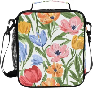 Spring Flowers Tulips Orchid Peonies White Insulated Kids Lunch Tote with Water Bottle Holder Lady Crossbody Lunch Bag for Outdoor Travel