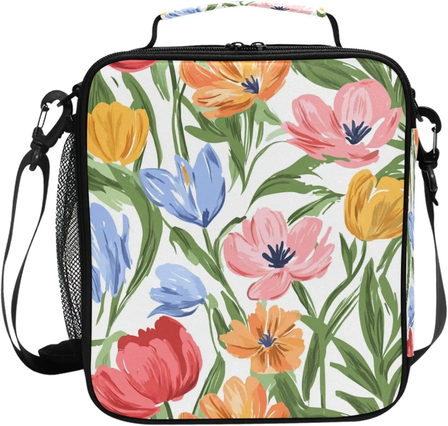 Spring Flowers Tulips Orchid Peonies White Insulated Kids Lunch Tote with Water Bottle Holder Lady Crossbody Lunch Bag for Outdoor Travel