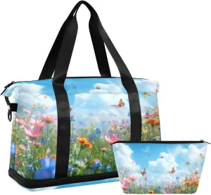 Spring Meadow Filled Duffel Bag Lightweight Carry On Gym Bags for Travel and Weekends, Versatile Overnight Bag with Shoe Compartment