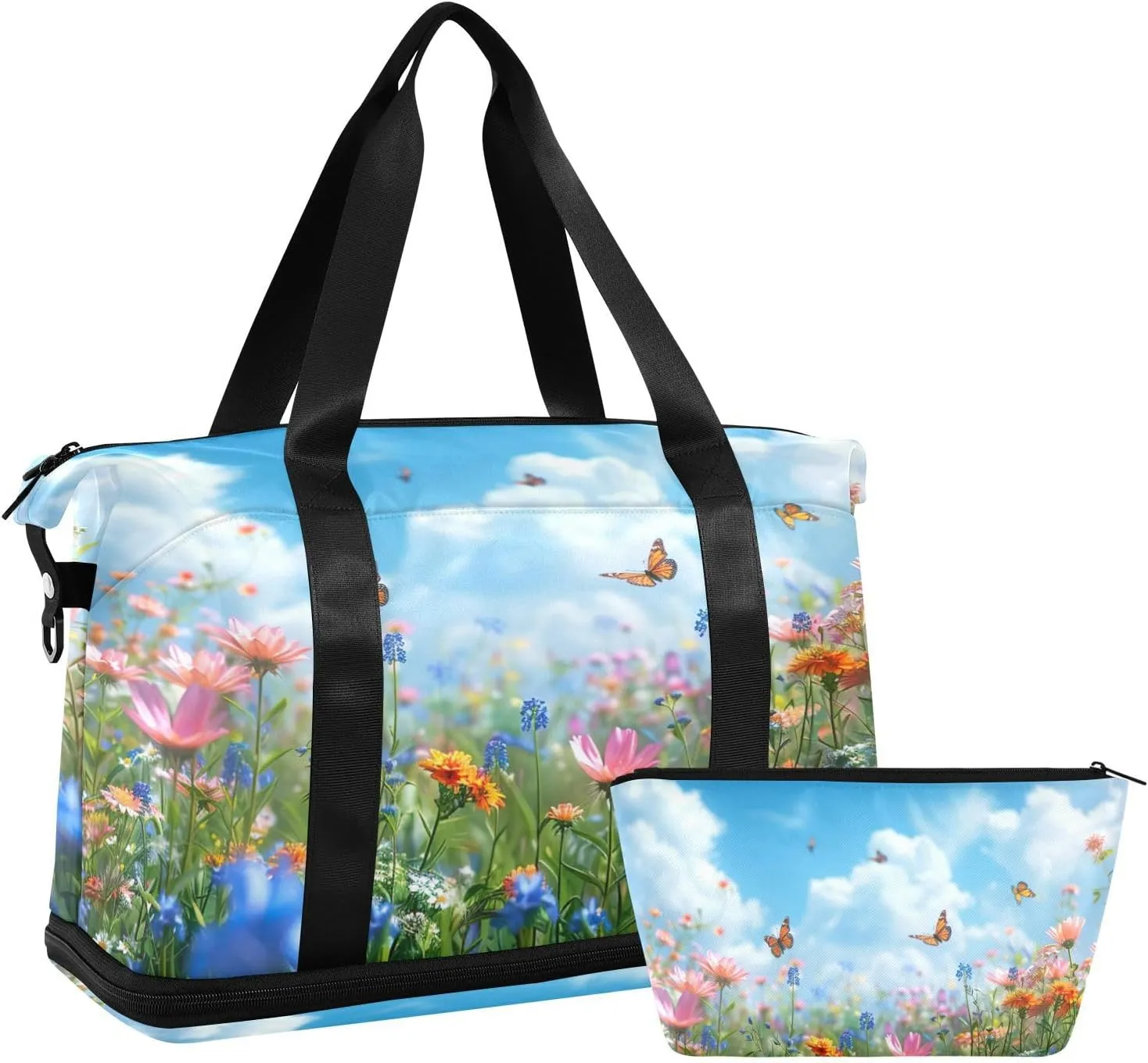 Spring Meadow Filled Duffel Bag Lightweight Carry On Gym Bags for Travel and Weekends, Versatile Overnight Bag with Shoe Compartment