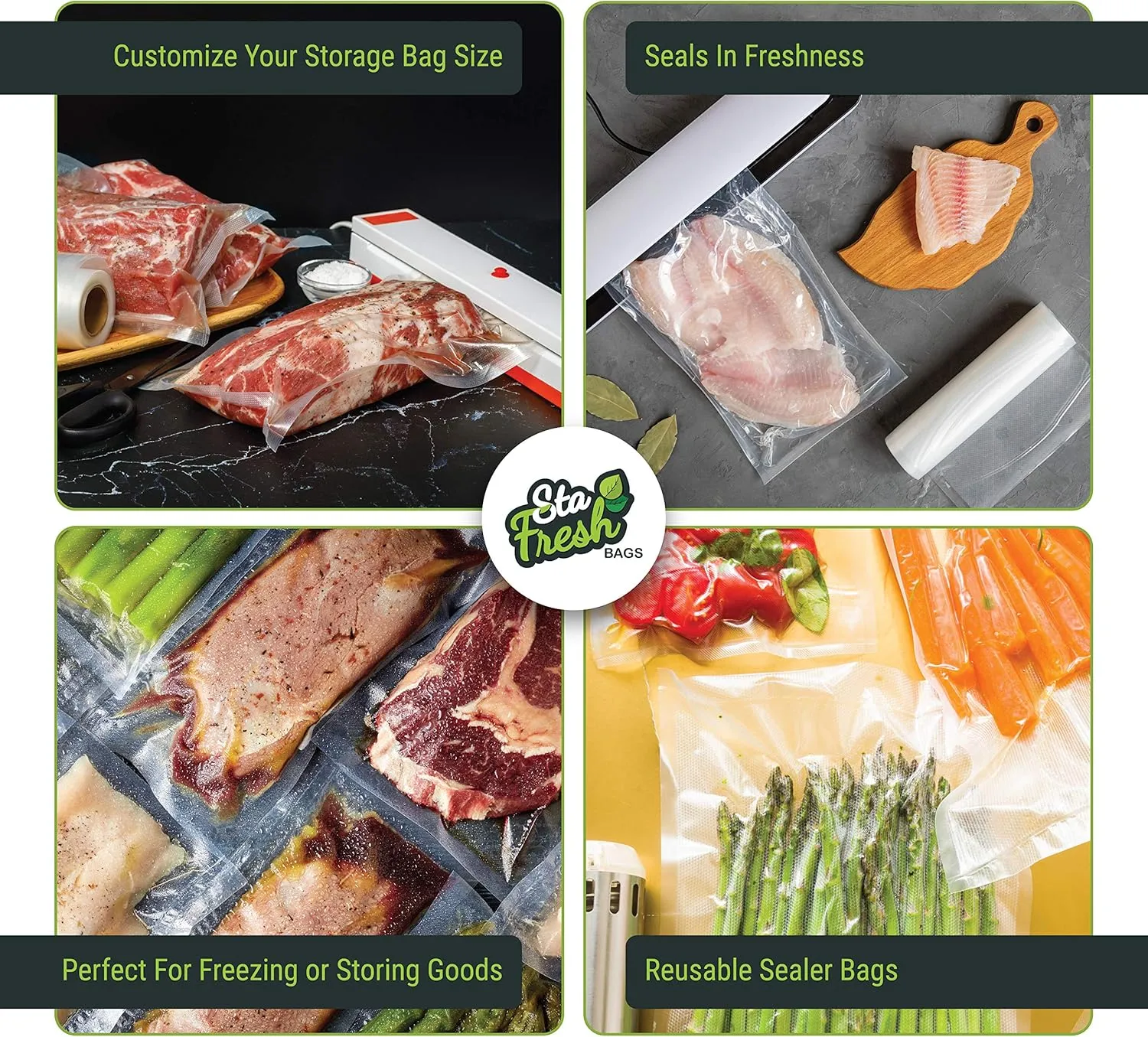 Sta Fresh Vacuum Sealer Bags, 6 inch x 12 inch, Quart Size, 3.5mil Thick, Bulk Food Saver Storage, Sous Vide Cooking, Freezer Bag, USA Made, 6x12, 100 Count