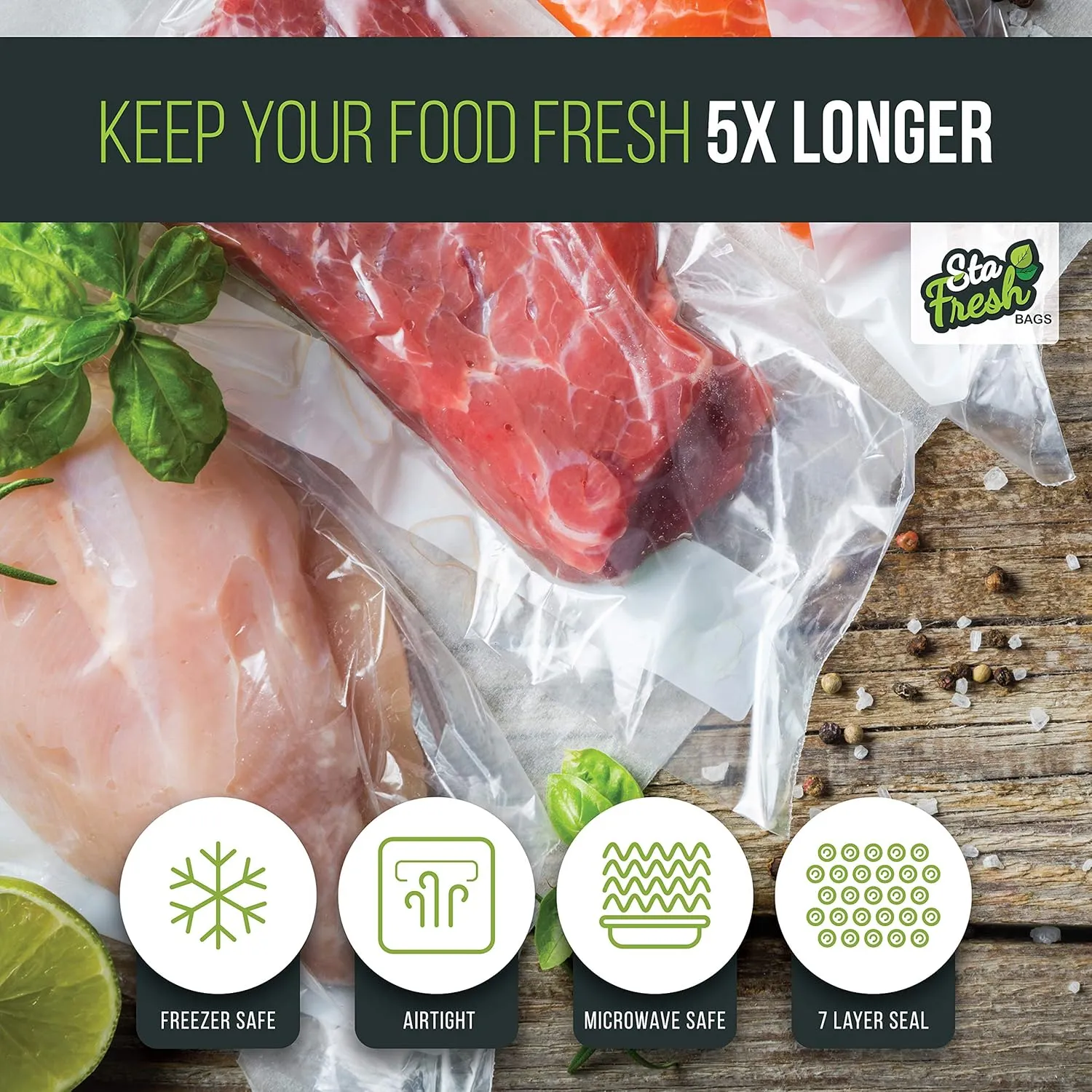 Sta Fresh Vacuum Sealer Bags, 6 inch x 12 inch, Quart Size, 3.5mil Thick, Bulk Food Saver Storage, Sous Vide Cooking, Freezer Bag, USA Made, 6x12, 100 Count