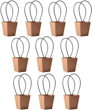 STKMELON Kraft Paper Flower Gift Bags - Waterproof Brown Paper Carrier Bags with Handle - 10 Pack for Thanksgiving, Birthday, Wedding Party Favors