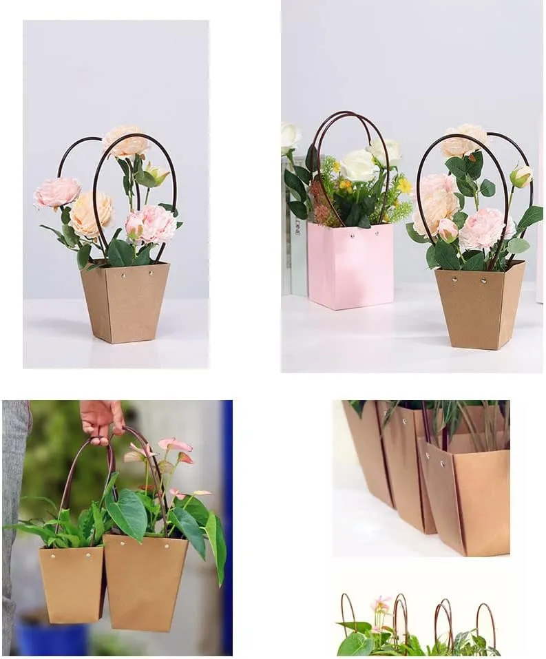 STKMELON Kraft Paper Flower Gift Bags - Waterproof Brown Paper Carrier Bags with Handle - 10 Pack for Thanksgiving, Birthday, Wedding Party Favors