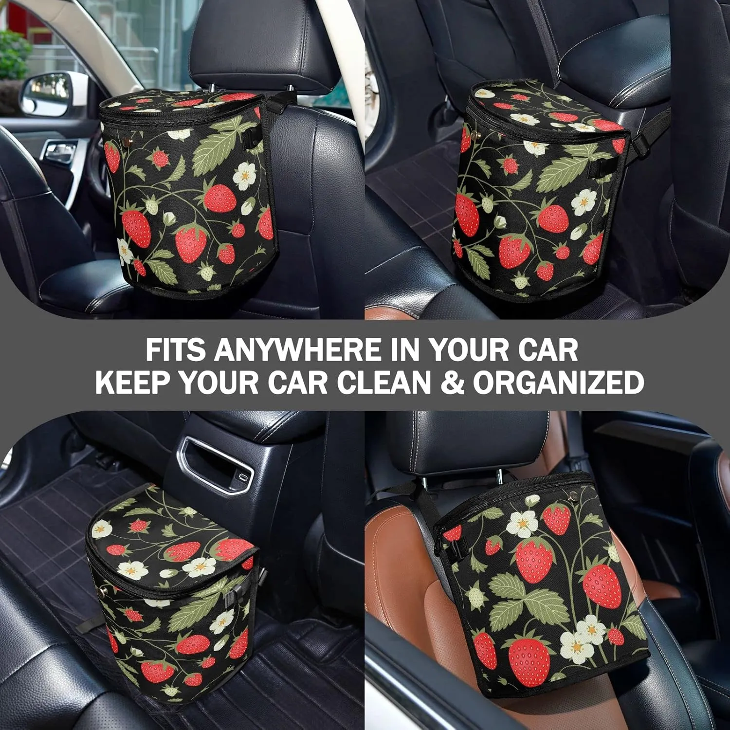 Strawberry Fruit Flowers Leaves Car Trash Can Car Garbage Bag with Lid Hanging Waterproof Leak Proof Vehicle Storage Bin