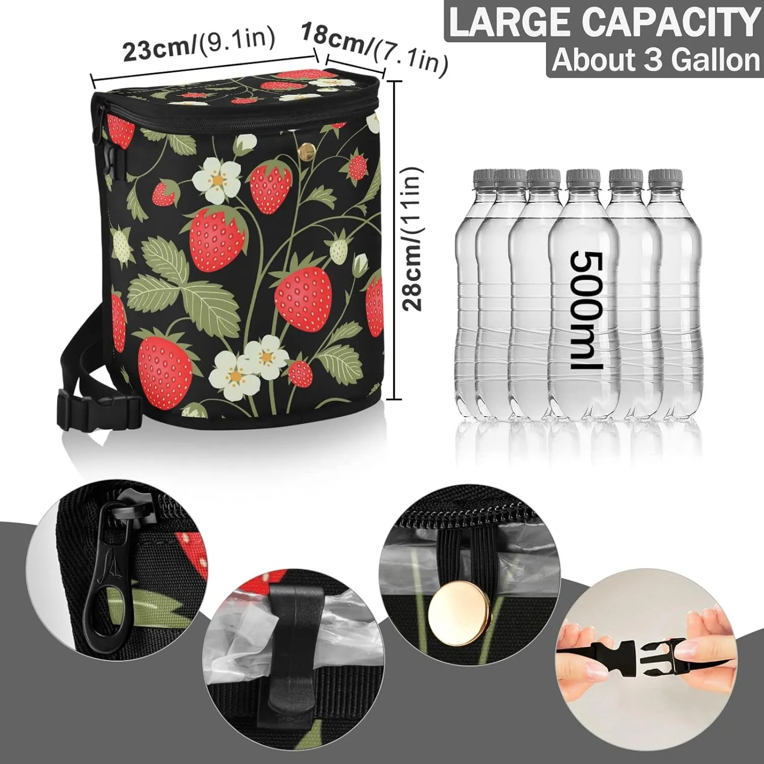 Strawberry Fruit Flowers Leaves Car Trash Can Car Garbage Bag with Lid Hanging Waterproof Leak Proof Vehicle Storage Bin