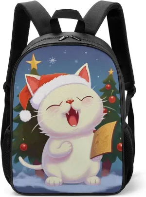 Stylish Backpack, Cute Cat Sing Christmas Carols Print Durable Backpack Travel Backpack Hiking Backpack Ergonomic Backpack Comfortable Backpack