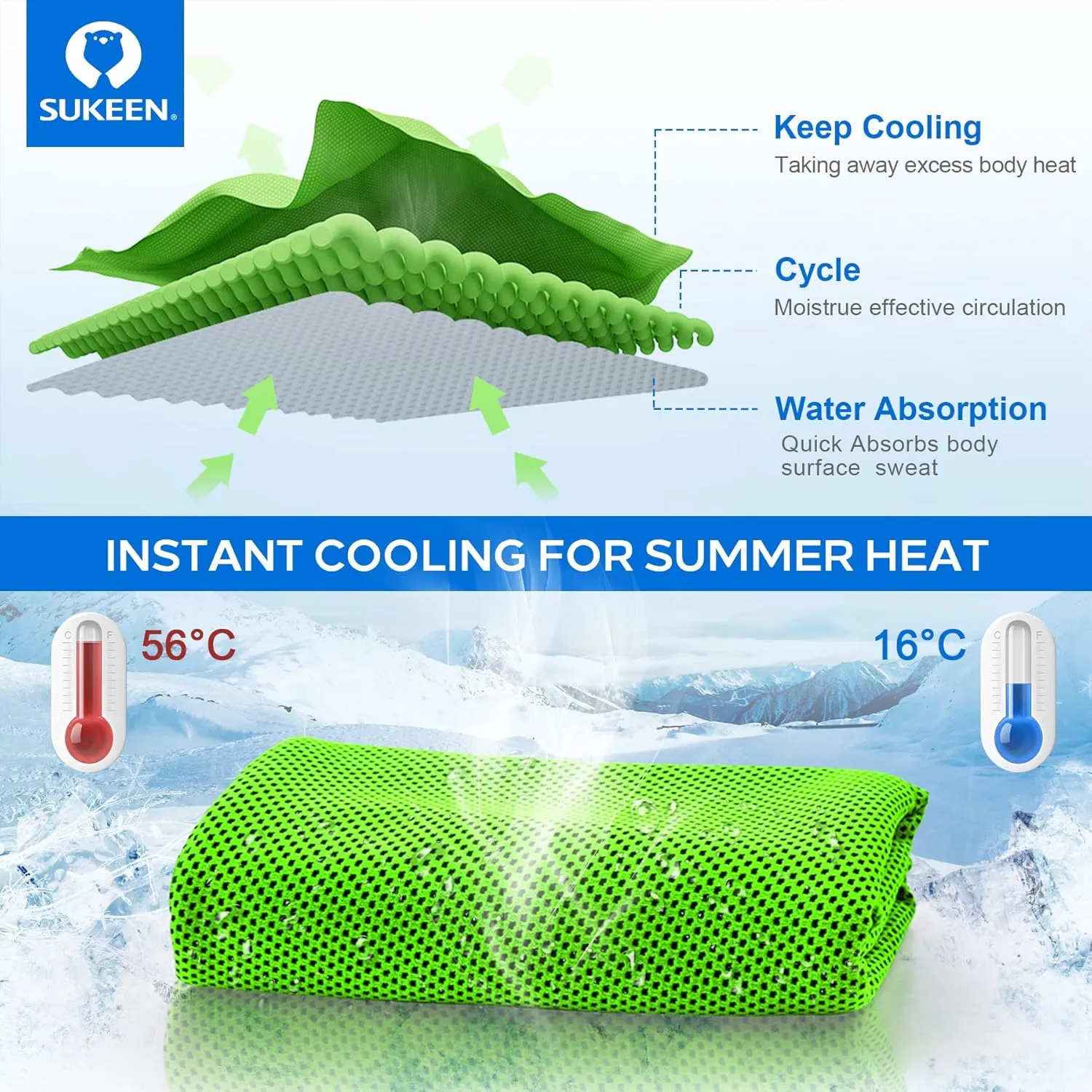 Sukeen Cooling Towel,Instant Evaporative Cooling for Sports,Yoga,Golf,Gym,Neck,Workout and More(40”x 12”)