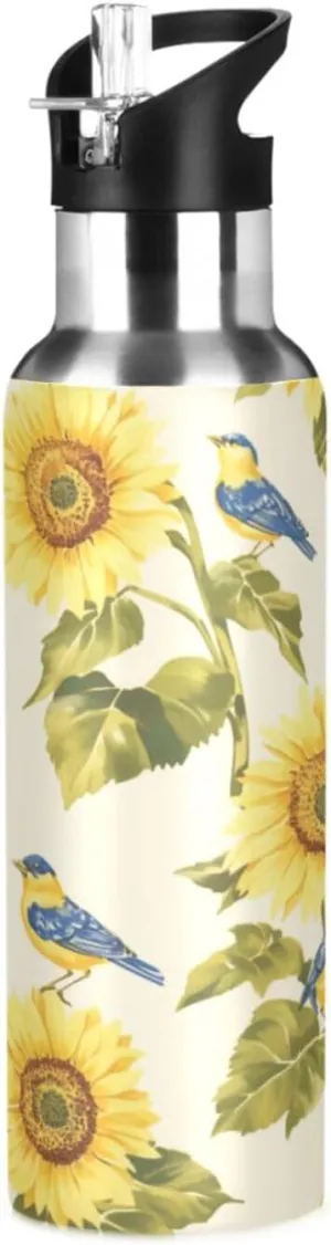 Sunflower Bird Insulated Water Bottle with Straw & Lid 22oz BPA Free Leakproof Stainless Steel Water Bottle Vacuum Double Wall Wide Mouth Sports Cup