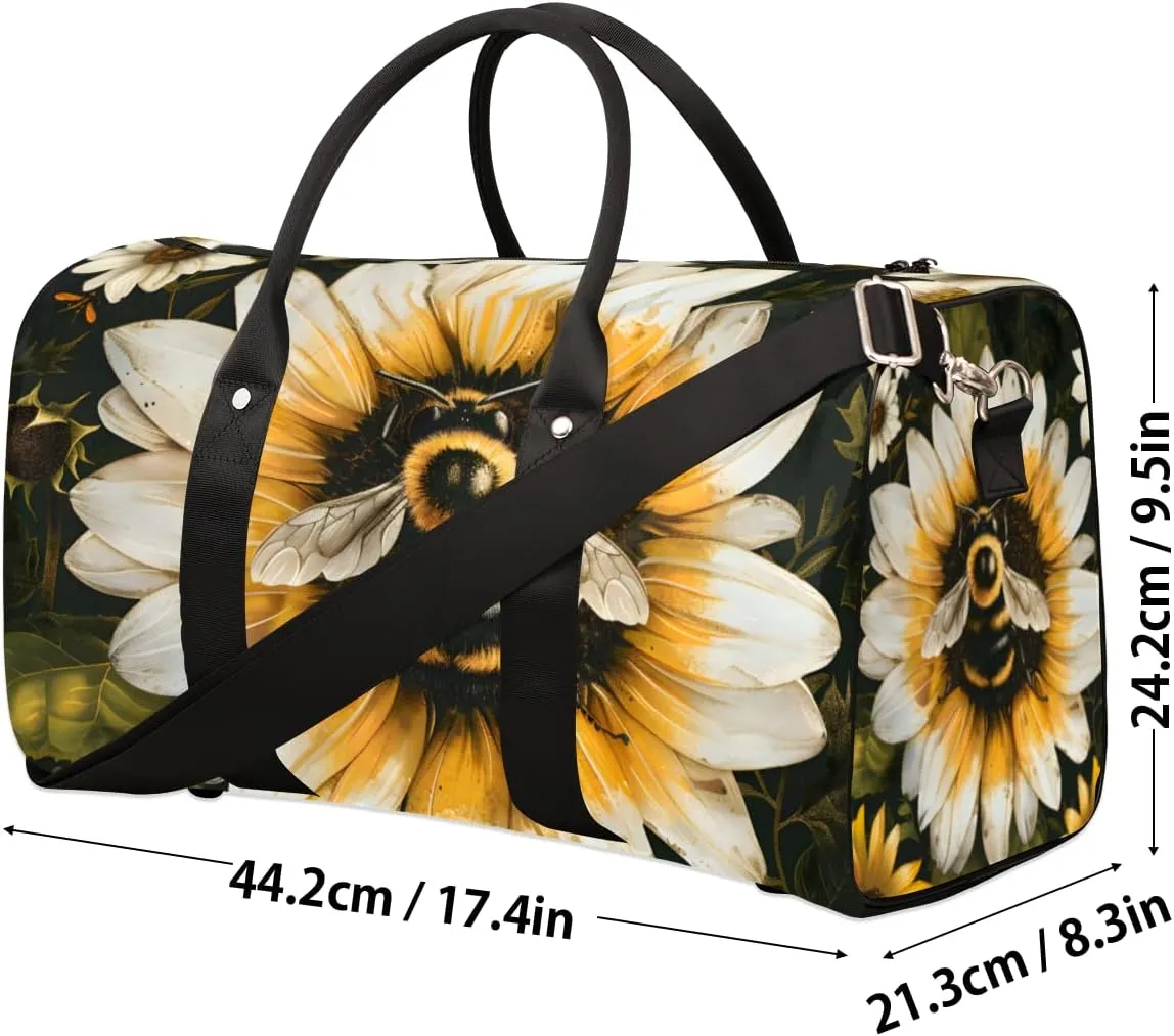 Sunflower Honeybee Travel Duffle Bag for Women Men Gym Duffel Foldable Bag Waterproof Weekender Spring Farmhouse Duffle Tote