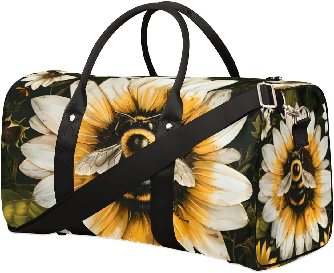 Sunflower Honeybee Travel Duffle Bag for Women Men Gym Duffel Foldable Bag Waterproof Weekender Spring Farmhouse Duffle Tote