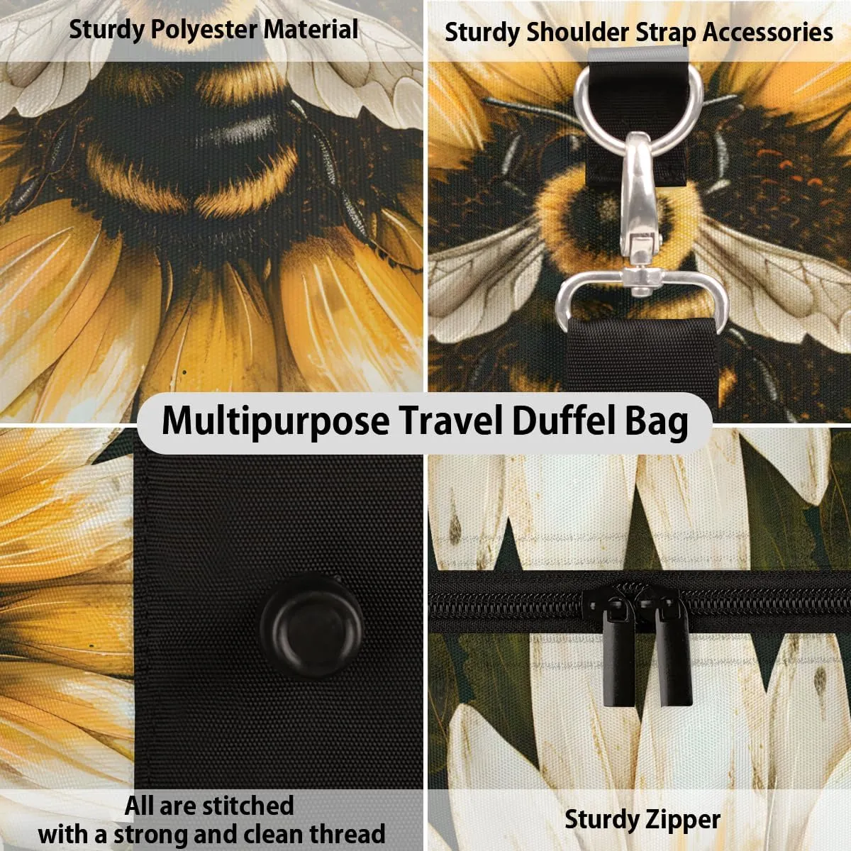 Sunflower Honeybee Travel Duffle Bag for Women Men Gym Duffel Foldable Bag Waterproof Weekender Spring Farmhouse Duffle Tote