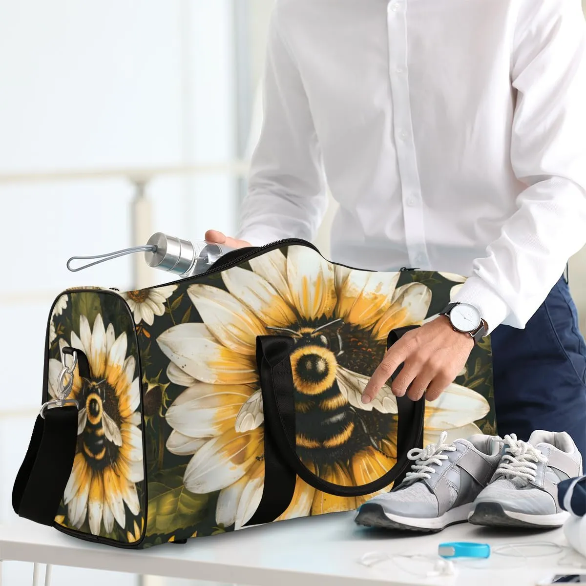 Sunflower Honeybee Travel Duffle Bag for Women Men Gym Duffel Foldable Bag Waterproof Weekender Spring Farmhouse Duffle Tote