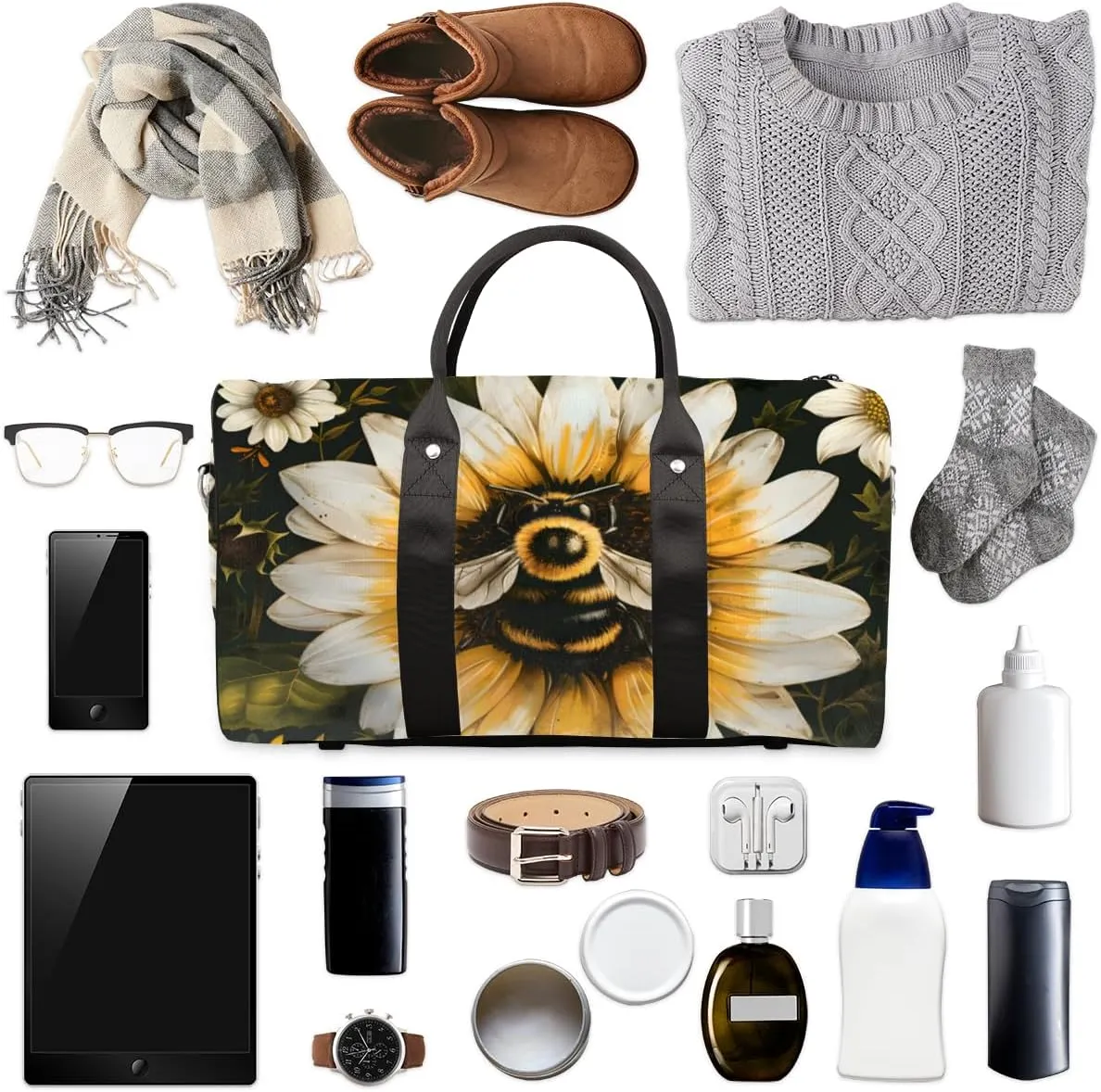Sunflower Honeybee Travel Duffle Bag for Women Men Gym Duffel Foldable Bag Waterproof Weekender Spring Farmhouse Duffle Tote