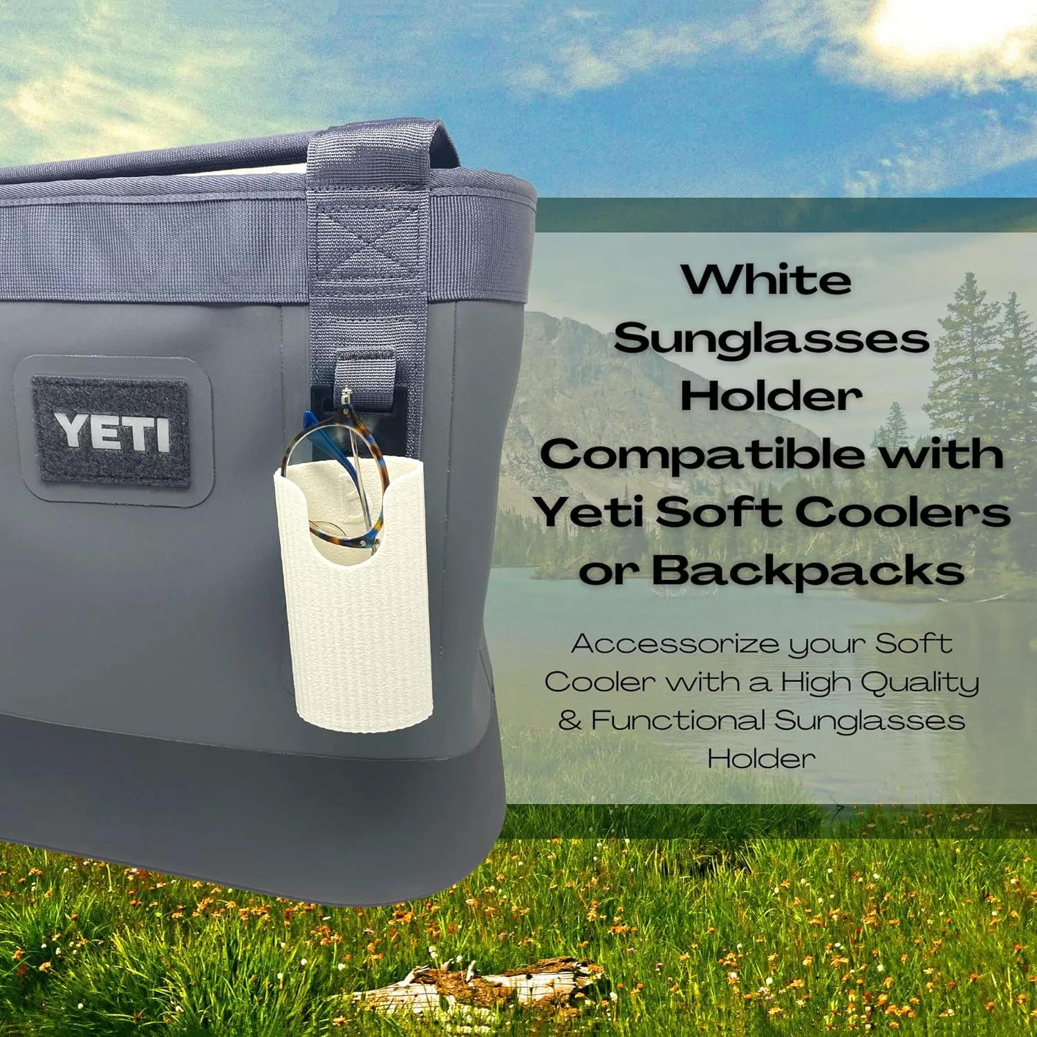 Sunglasses Holder Attachment Compatible with Soft Yeti Coolers & Backpacks with Straps - Accessorize Your Cooler or Backpack & Securely Hold Your Sunglasses - Made in USA!