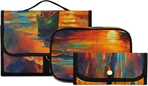 Sunset Oil Painting Toiletry Bag 3 Pack Travel Make Up Bags Waterproof Cosmetic Bags Hanging Organizer Accessories for Women/Men