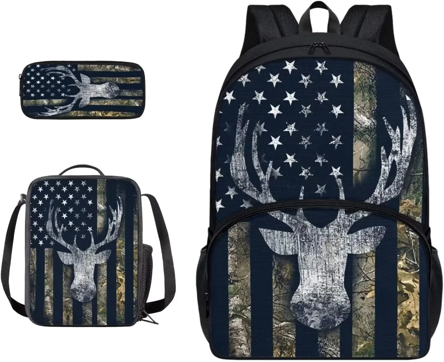 Suobstales American Flag Print Backpack Student 3 In 1 School Bookbag Set Deer Camo Design Travel Rucksack Insulated Lunch Bag Pencil Case