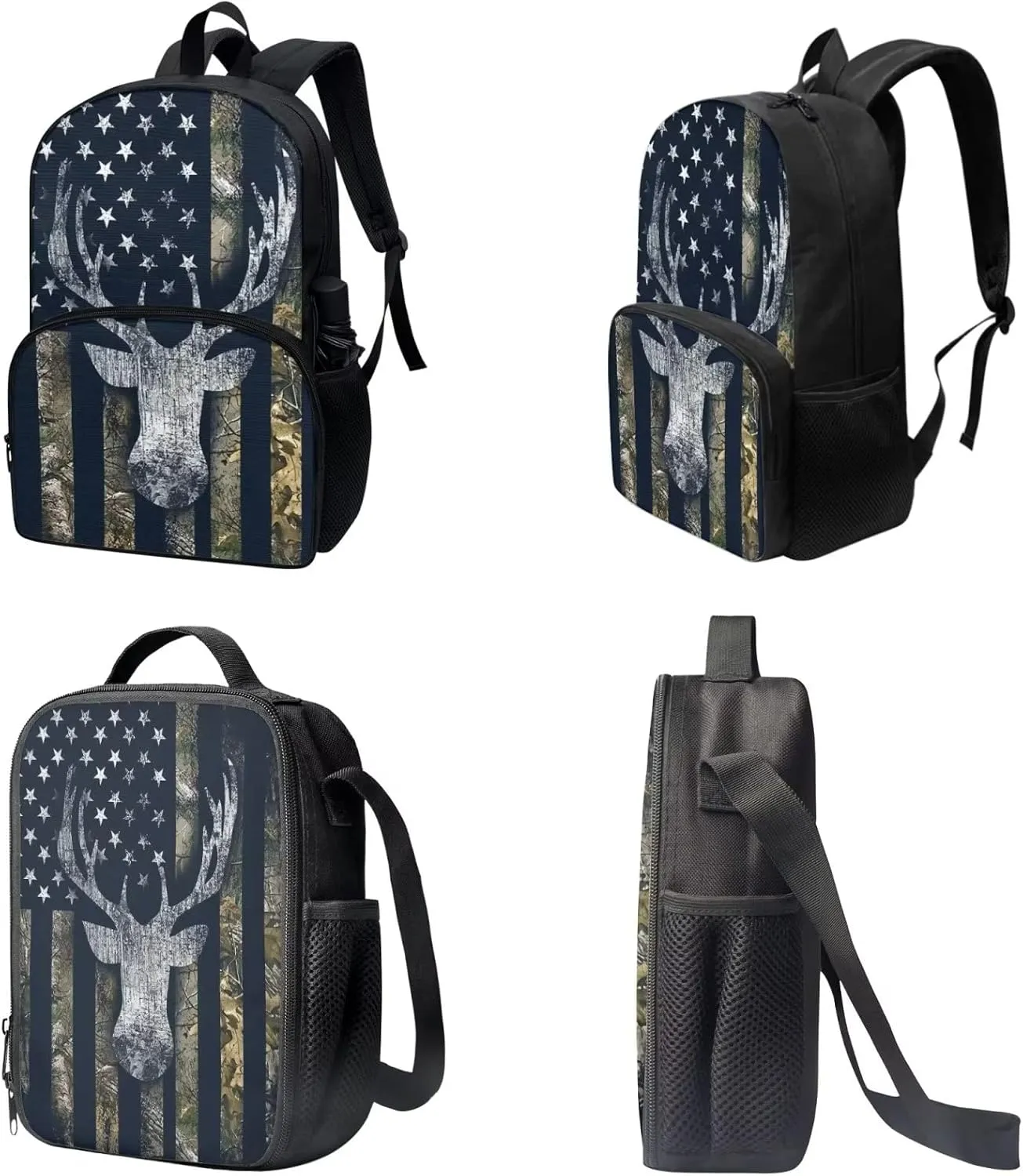 Suobstales American Flag Print Backpack Student 3 In 1 School Bookbag Set Deer Camo Design Travel Rucksack Insulated Lunch Bag Pencil Case
