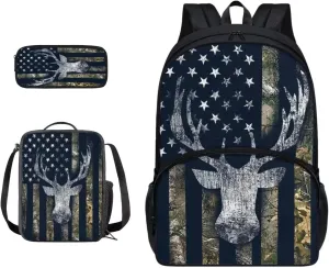 Suobstales American Flag Print Backpack Student 3 In 1 School Bookbag Set Deer Camo Design Travel Rucksack Insulated Lunch Bag Pencil Case