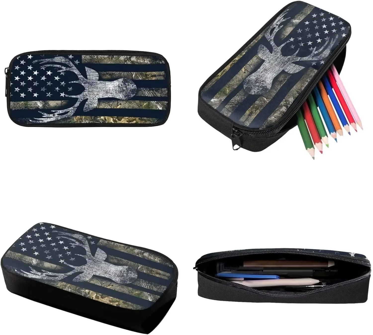 Suobstales American Flag Print Backpack Student 3 In 1 School Bookbag Set Deer Camo Design Travel Rucksack Insulated Lunch Bag Pencil Case