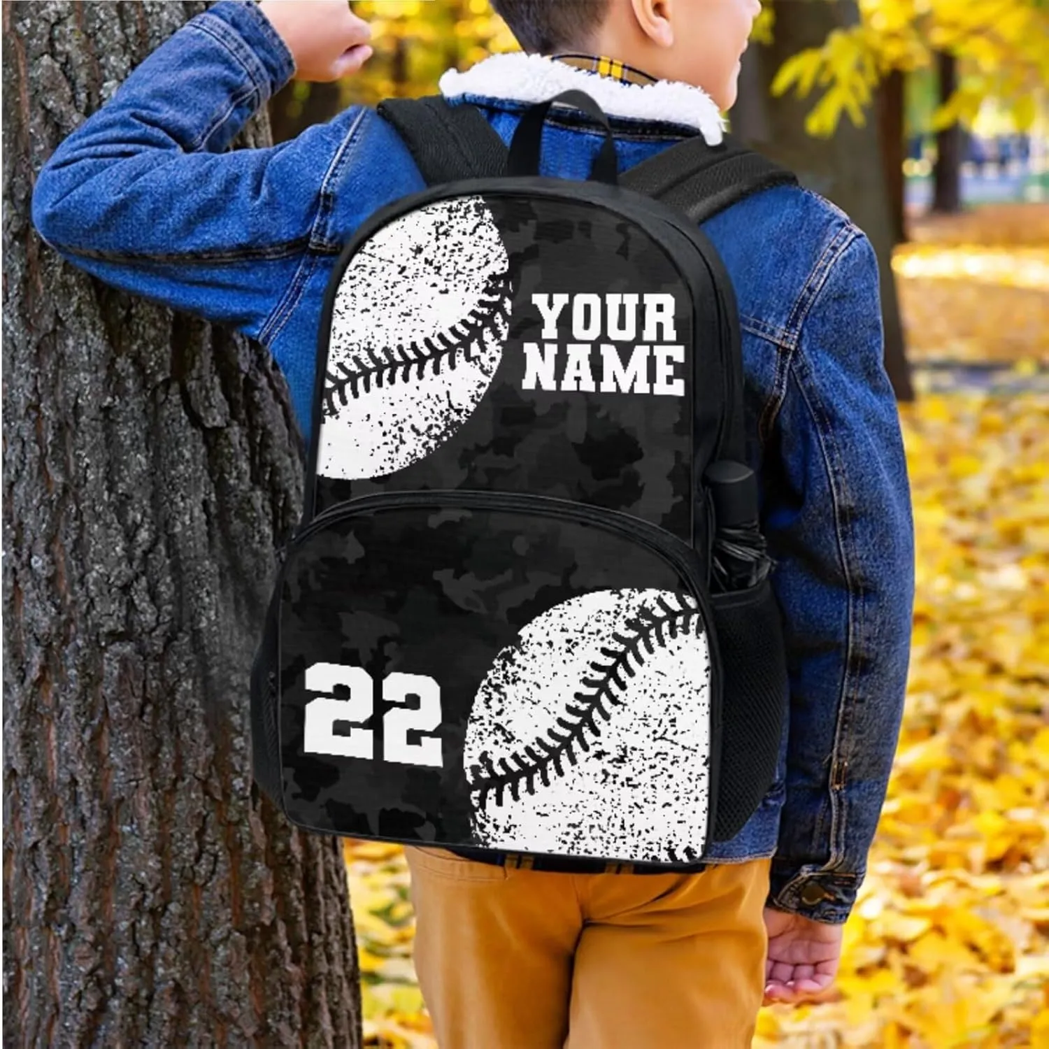 Suobstales Custom Baseball Print 3 Pack Backpack Purse for Girls Boys Black Camo Design Casual Schoolbag School Bookbag with Lunch Box Pencil Case Kindergarten Rucksack Daypack Travel Laotop Bags