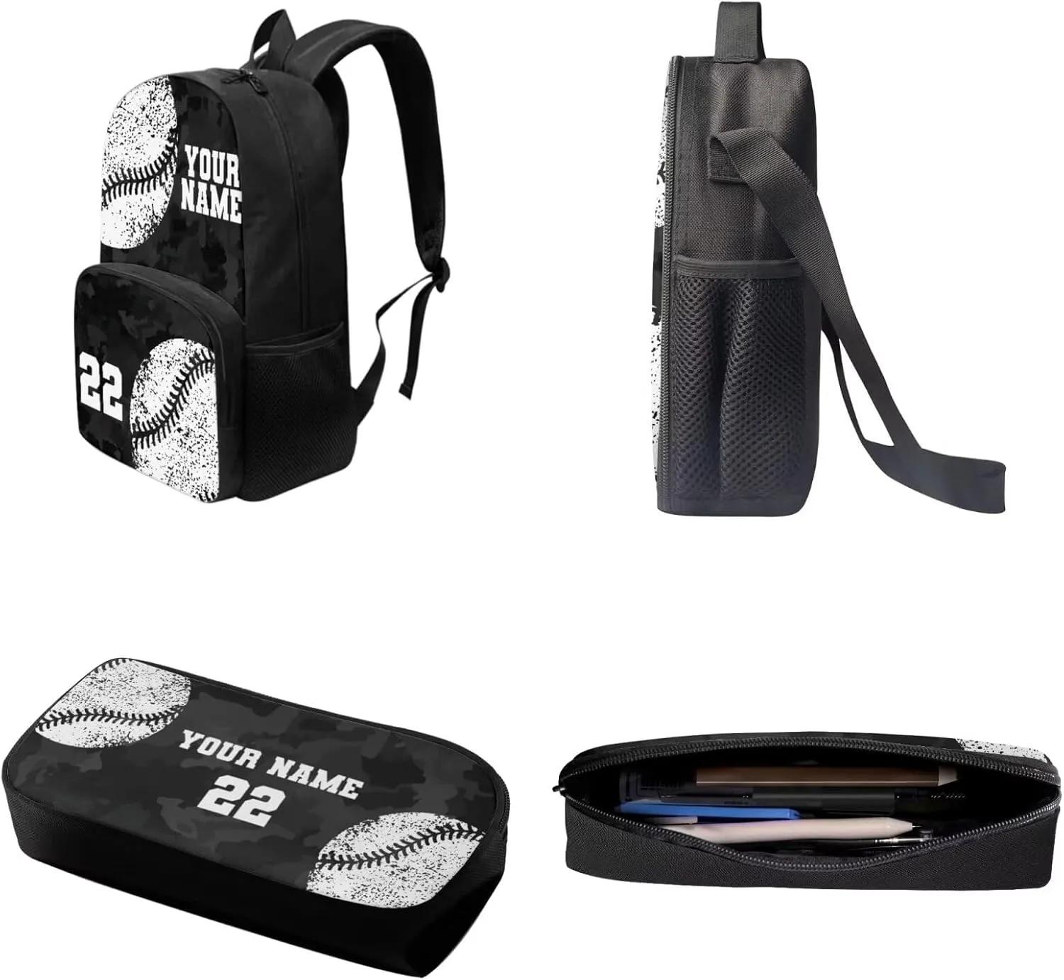 Suobstales Custom Baseball Print 3 Pack Backpack Purse for Girls Boys Black Camo Design Casual Schoolbag School Bookbag with Lunch Box Pencil Case Kindergarten Rucksack Daypack Travel Laotop Bags