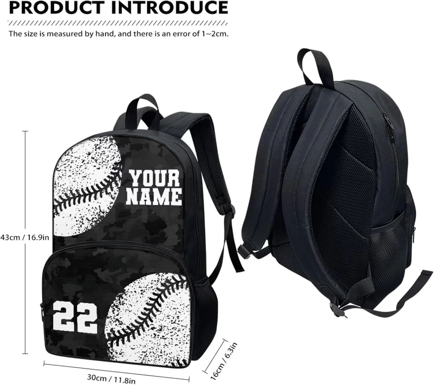 Suobstales Custom Baseball Print 3 Pack Backpack Purse for Girls Boys Black Camo Design Casual Schoolbag School Bookbag with Lunch Box Pencil Case Kindergarten Rucksack Daypack Travel Laotop Bags