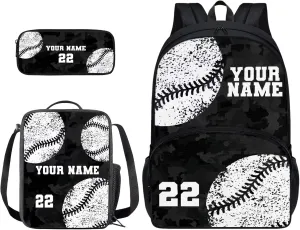 Suobstales Custom Baseball Print 3 Pack Backpack Purse for Girls Boys Black Camo Design Casual Schoolbag School Bookbag with Lunch Box Pencil Case Kindergarten Rucksack Daypack Travel Laotop Bags