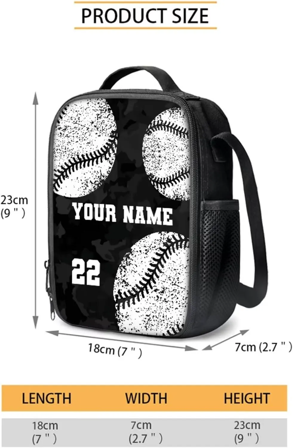 Suobstales Custom Baseball Print 3 Pack Backpack Purse for Girls Boys Black Camo Design Casual Schoolbag School Bookbag with Lunch Box Pencil Case Kindergarten Rucksack Daypack Travel Laotop Bags